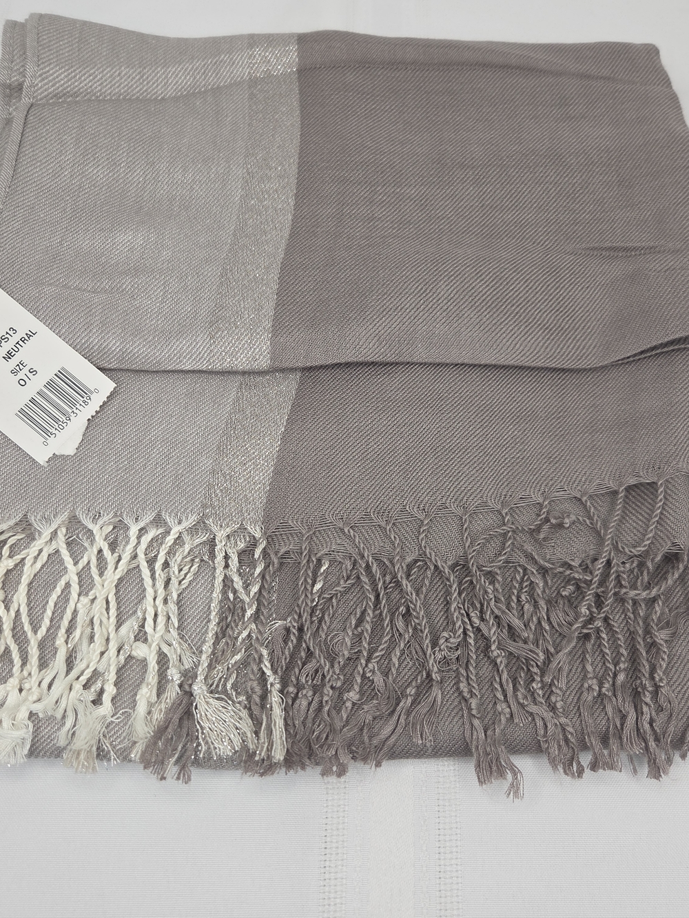 Neutral Gray &Silver Metallic Colorblock Fringe Wrap Scarf 72x22" Modern - Picture 2 of 8